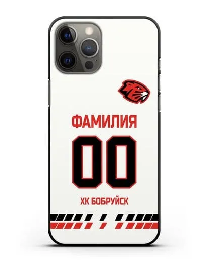 Чехол ХК Бобруйск с фамилией и номером (сезон 2019-2020) белая форма силиконовый для iPhone 12 Pro Max