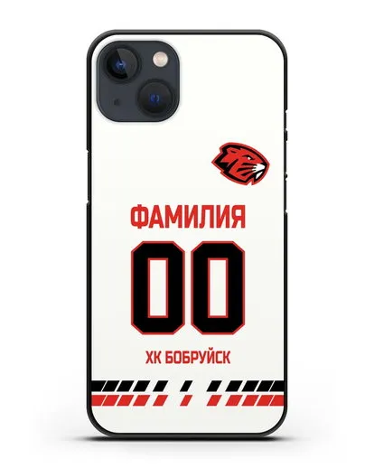 Чехол ХК Бобруйск с фамилией и номером (сезон 2019-2020) белая форма силиконовый для iPhone 13 Mini