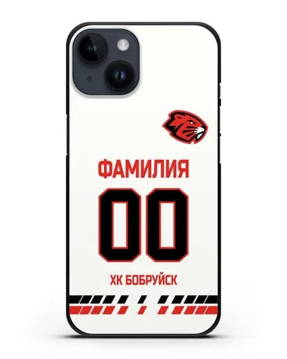 Чехол ХК Бобруйск с фамилией и номером (сезон 2019-2020) белая форма силиконовый для iPhone 14