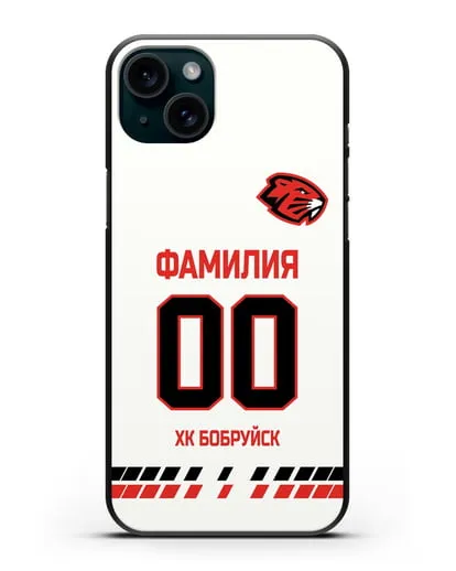 Чехол ХК Бобруйск с фамилией и номером (сезон 2019-2020) белая форма силиконовый для iPhone 15 Plus