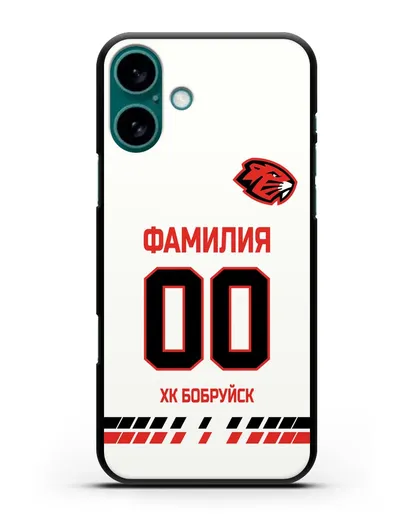 Чехол ХК Бобруйск с фамилией и номером (сезон 2019-2020) белая форма силиконовый для iPhone 16 Plus