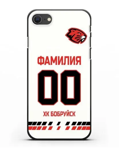 Чехол ХК Бобруйск с фамилией и номером (сезон 2019-2020) белая форма силиконовый для iPhone SE 2020
