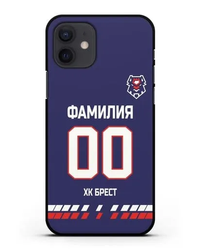 Чехол ХК Брест с фамилией и номером (сезон 2019-2020) синяя форма силиконовый для iPhone 12