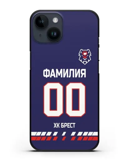 Чехол ХК Брест с фамилией и номером (сезон 2019-2020) синяя форма силиконовый для iPhone 14