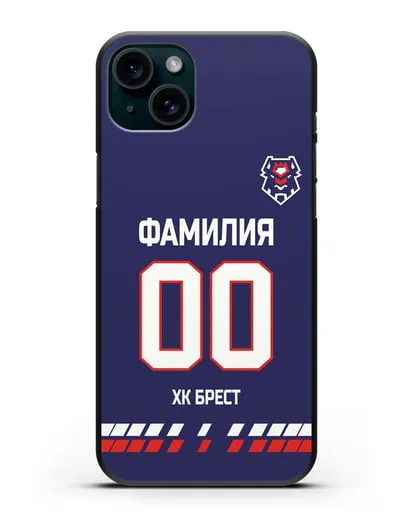 Чехол ХК Брест с фамилией и номером (сезон 2019-2020) синяя форма силиконовый для iPhone 15 Plus