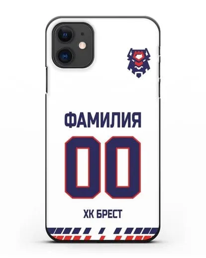 Чехол ХК Брест с фамилией и номером (сезон 2019-2020) белая форма силиконовый для iPhone 11
