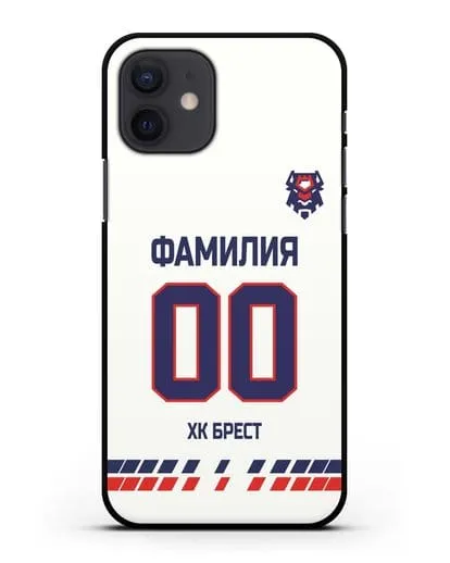 Чехол ХК Брест с фамилией и номером (сезон 2019-2020) белая форма силиконовый для iPhone 12