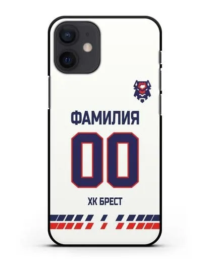 Чехол ХК Брест с фамилией и номером (сезон 2019-2020) белая форма силиконовый для iPhone 12 mini