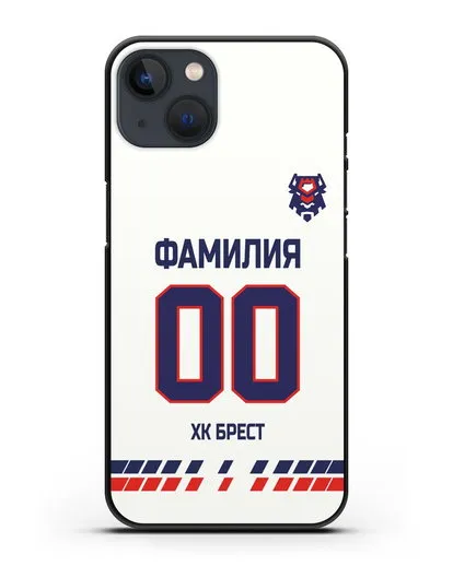 Чехол ХК Брест с фамилией и номером (сезон 2019-2020) белая форма силиконовый для iPhone 13 Mini