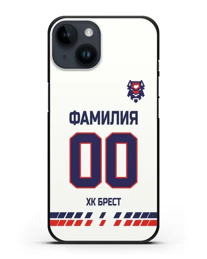 Чехол ХК Брест с фамилией и номером (сезон 2019-2020) белая форма силиконовый для iPhone 14