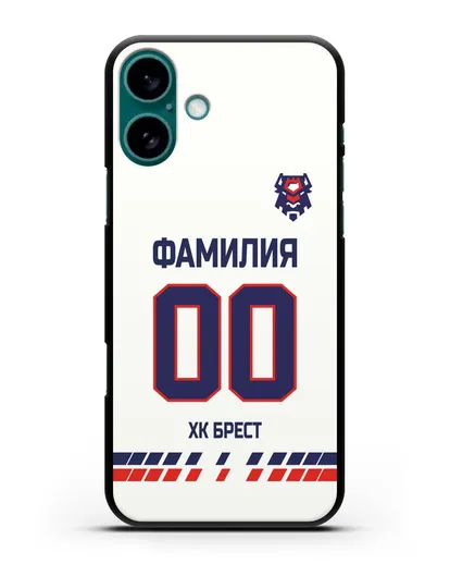 Чехол ХК Брест с фамилией и номером (сезон 2019-2020) белая форма силиконовый для iPhone 16 Plus