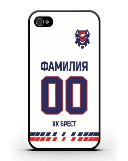 Чехол ХК Брест с фамилией и номером (сезон 2019-2020) белая форма силиконовый для iPhone 4/4s