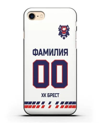 Чехол ХК Брест с фамилией и номером (сезон 2019-2020) белая форма силиконовый для iPhone 7