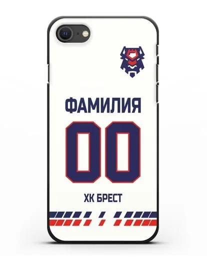 Чехол ХК Брест с фамилией и номером (сезон 2019-2020) белая форма силиконовый для iPhone SE 2020
