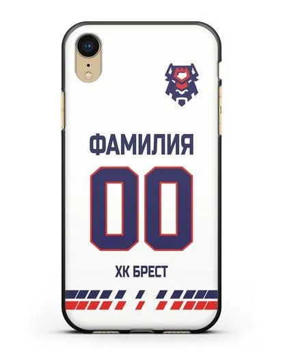 Чехол ХК Брест с фамилией и номером (сезон 2019-2020) белая форма силиконовый для iPhone XR