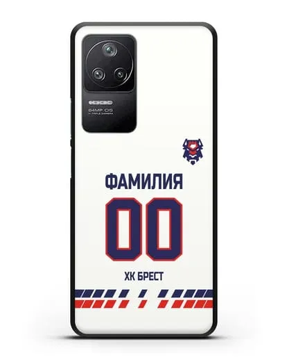Чехол ХК Брест с фамилией и номером (сезон 2019-2020) белая форма силиконовый для Xiaomi Poco F4