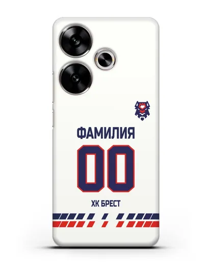 Чехол ХК Брест с фамилией и номером (сезон 2019-2020) белая форма силиконовый для Xiaomi Poco F6