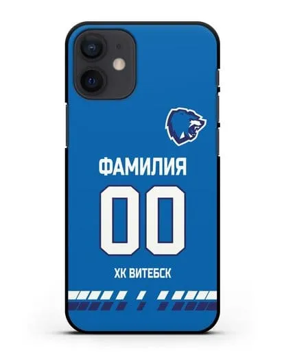 Чехол ХК Витебск с фамилией и номером (сезон 2019-2020) синяя форма силиконовый для iPhone 12 mini