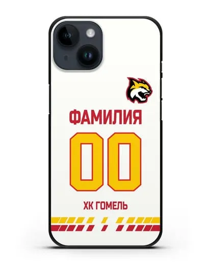 Чехол ХК Гомель с фамилией и номером (сезон 2019-2020) красная форма силиконовый для iPhone 14