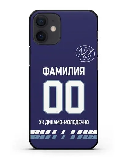 Чехол ХК Динамо-Молодечно с фамилией и номером (сезон 2019-2020) синяя форма силиконовый для iPhone 12 mini
