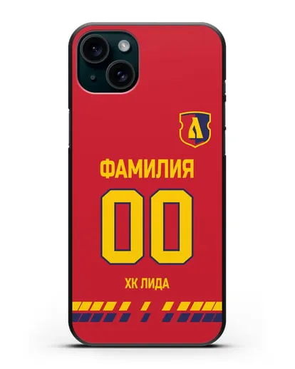 Чехол ХК Лида с фамилией и номером (сезон 2019-2020) красная форма силиконовый для iPhone 15 Plus