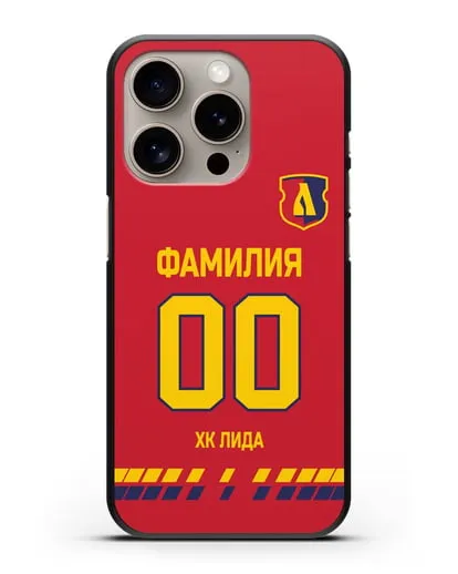 Чехол ХК Лида с фамилией и номером (сезон 2019-2020) красная форма силиконовый для iPhone 15 Pro