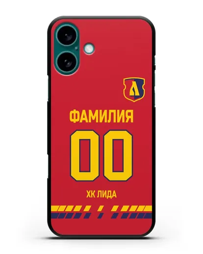 Чехол ХК Лида с фамилией и номером (сезон 2019-2020) красная форма силиконовый для iPhone 16 Plus