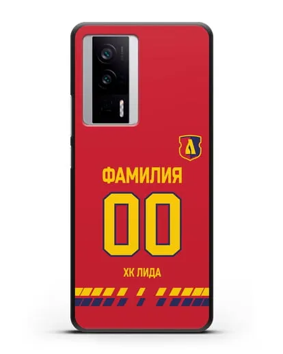 Чехол ХК Лида с фамилией и номером (сезон 2019-2020) красная форма силиконовый для Xiaomi Poco F5 Pro