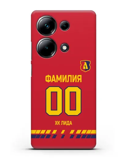 Чехол ХК Лида с фамилией и номером (сезон 2019-2020) красная форма силиконовый для Xiaomi Poco M6 Pro