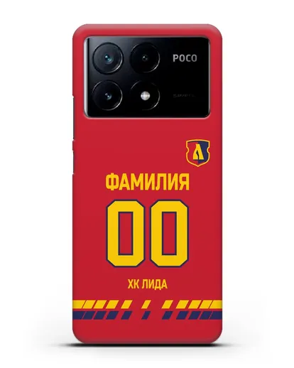 Чехол ХК Лида с фамилией и номером (сезон 2019-2020) красная форма силиконовый для Xiaomi Poco X6 Pro