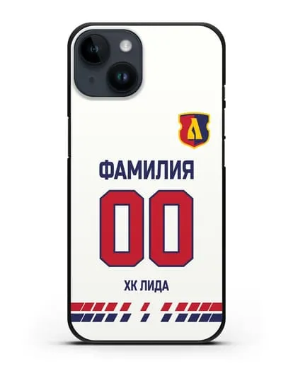 Чехол ХК Лида с фамилией и номером (сезон 2019-2020) белая форма силиконовый для iPhone 14