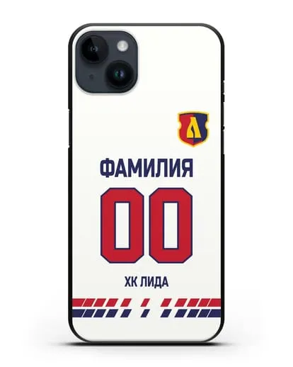 Чехол ХК Лида с фамилией и номером (сезон 2019-2020) белая форма силиконовый для iPhone 14 Plus