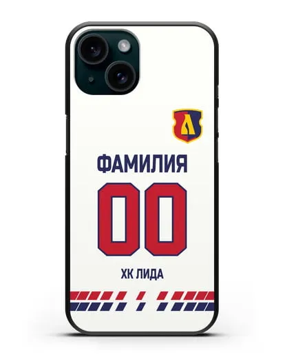 Чехол ХК Лида с фамилией и номером (сезон 2019-2020) белая форма силиконовый для iPhone 15