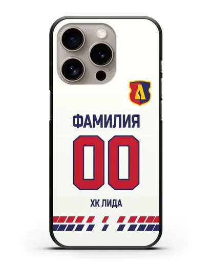 Чехол ХК Лида с фамилией и номером (сезон 2019-2020) белая форма силиконовый для iPhone 15 Pro