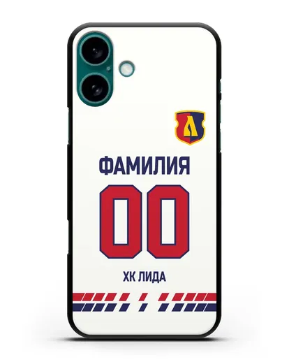 Чехол ХК Лида с фамилией и номером (сезон 2019-2020) белая форма силиконовый для iPhone 16 Plus