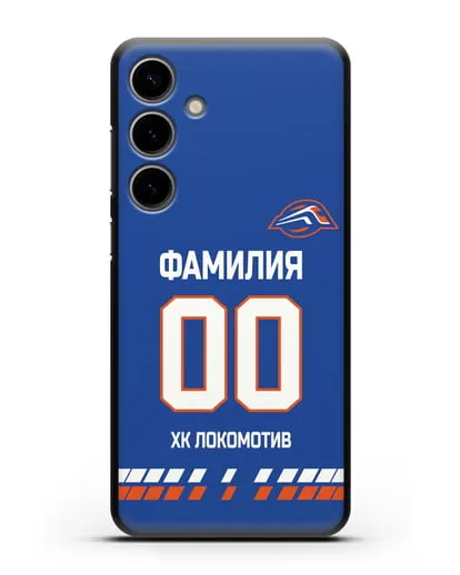Чехол ХК Локомотив-Орша с фамилией и номером (сезон 2019-2020) синяя форма силиконовый для Samsung Galaxy S24 Plus