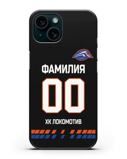 Чехол ХК Локомотив-Орша с фамилией и номером (сезон 2019-2020) черная форма силиконовый для iPhone 15