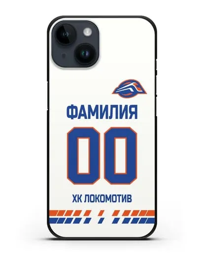 Чехол ХК Локомотив-Орша с фамилией и номером (сезон 2019-2020) белая форма силиконовый для iPhone 14
