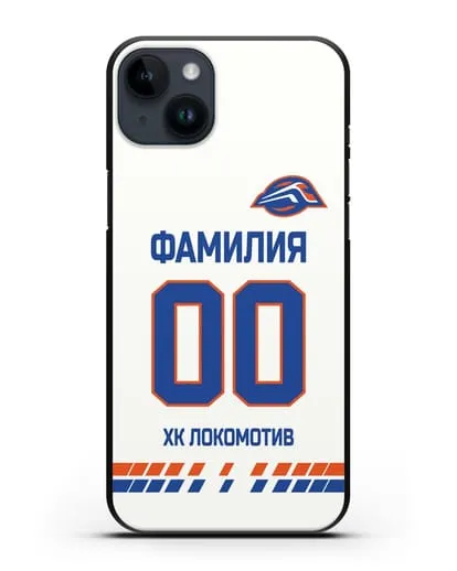 Чехол ХК Локомотив-Орша с фамилией и номером (сезон 2019-2020) белая форма силиконовый для iPhone 14 Plus
