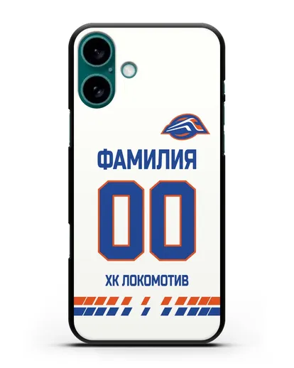 Чехол ХК Локомотив-Орша с фамилией и номером (сезон 2019-2020) белая форма силиконовый для iPhone 16 Plus