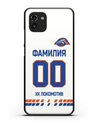 Чехол ХК Локомотив-Орша с фамилией и номером (сезон 2019-2020) белая форма силиконовый для Samsung Galaxy A03 [SM-A035]