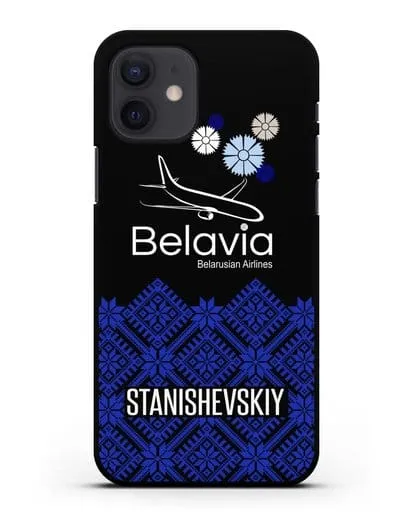 Именной чехол с белорусским орнаментом и символикой Белавиа силиконовый для iPhone 12