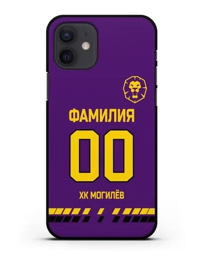 Чехол ХК Могилев с фамилией и номером (сезон 2019-2020) фиолетовая форма силиконовый для iPhone 12