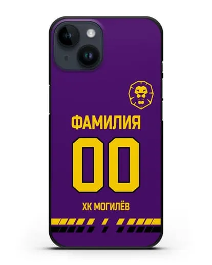Чехол ХК Могилев с фамилией и номером (сезон 2019-2020) фиолетовая форма силиконовый для iPhone 14