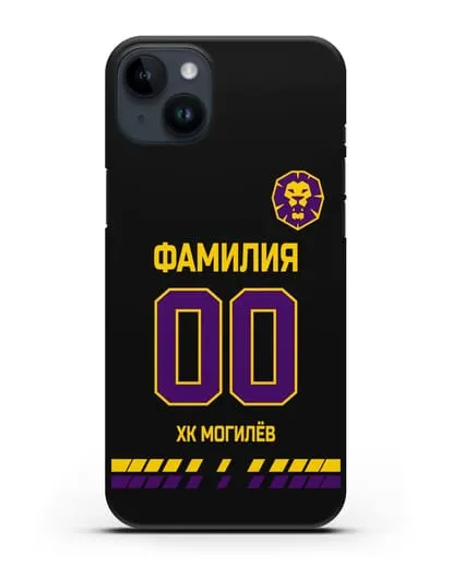 Чехол ХК Могилев с фамилией и номером (сезон 2019-2020) черная форма силиконовый для iPhone 14 Plus