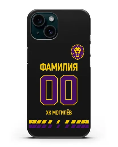 Чехол ХК Могилев с фамилией и номером (сезон 2019-2020) черная форма силиконовый для iPhone 15