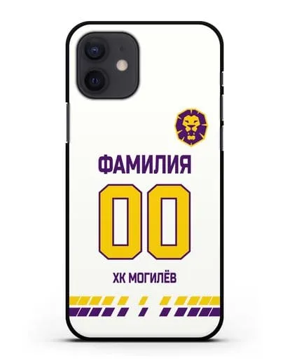 Чехол ХК Могилев с фамилией и номером (сезон 2019-2020) белая форма силиконовый для iPhone 12