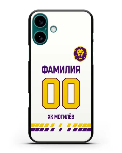 Чехол ХК Могилев с фамилией и номером (сезон 2019-2020) белая форма силиконовый для iPhone 16 Plus