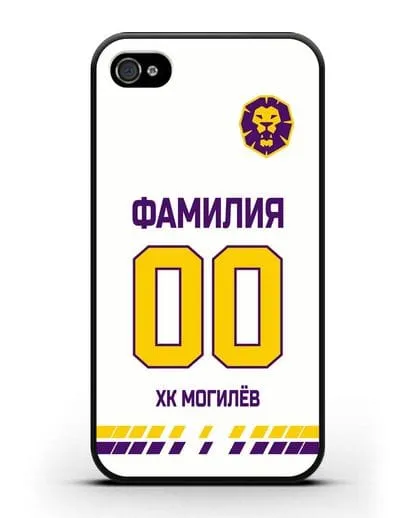 Чехол ХК Могилев с фамилией и номером (сезон 2019-2020) белая форма силиконовый для iPhone 4/4s