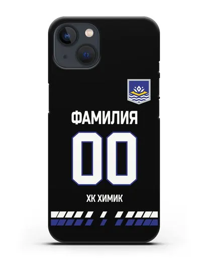 Чехол ХК Химик с фамилией и номером (сезон 2019-2020) черная форма силиконовый для iPhone 13